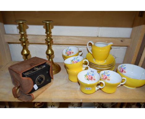 PAIR OF 19TH CENTURY BRASS CANDLESTICKS, KODAK BOX BROWNIE CAMERA AND A QUANTITY OF SALISBURY TEA WARES