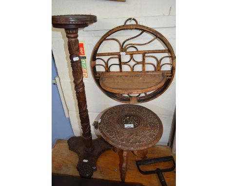 VINTAGE BAMBOO WALL SHELF, SMALL CARVED TABLE AND HARDWOOD PLANT STAND (3)