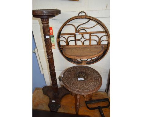 VINTAGE BAMBOO WALL SHELF, SMALL CARVED TABLE AND HARDWOOD PLANT STAND (3)