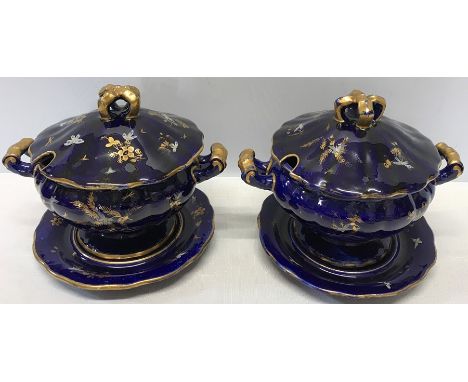 A pair of rare Masons Ironstone Mazarine pattern sauce tureens with saucers and lids. C1820. No damage or repair. 16cms h. 