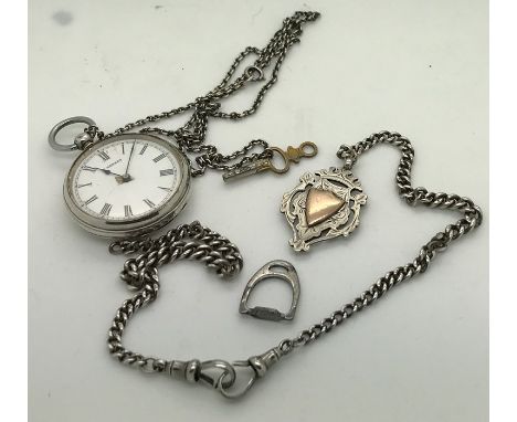 A silver pocket watch, London 1886 on chain with winding key, maker F.Larard 45 Savile St. Hull and Geneva. Silver fob chain 