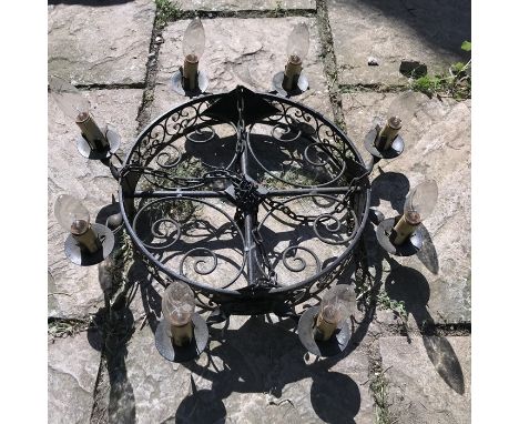 Wrought iron pendant light fitting, 70cms d. 