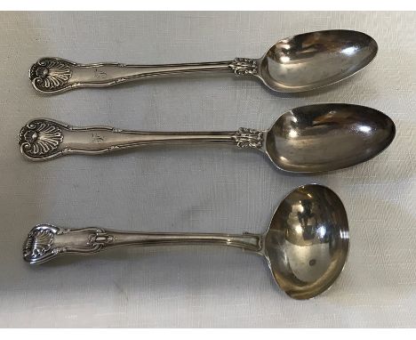 Silver ladle by William Eley and William Fearn, London 1822  together with 2 spoons by Mary Chawner, London 1826. 281.6gms.