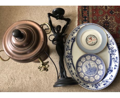 Miscellany including a reproduction Art Deco female figure table lamp, 53cms h with 19thC copper and brass urn and commemorat