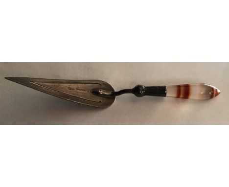 Silver trowel bookmarker with agate handle, C and N maker stamp. 9cms l. 