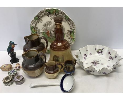 Miscellaneous ceramics to include Royal Doulton harvest jugs, 2 a/f, Kingfisher beak a/f, Wade Bells Whisky (empty), half dol