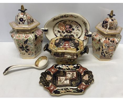 Modern Masons to include double landscape tureen ladle and stand, two limited edition hexagonal vases 'Yellow Siam' limited t
