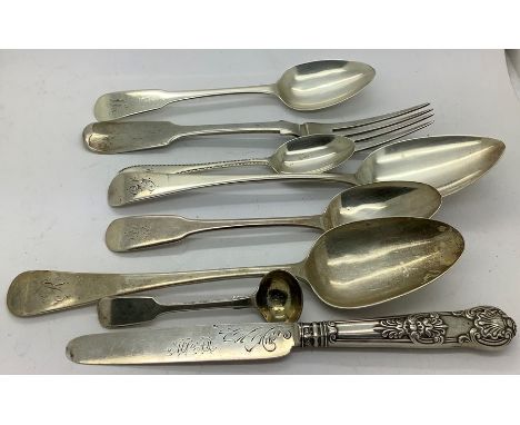 Silver spoons, fork and knife, a variety of dates and makers. 337.20gms. (8)
