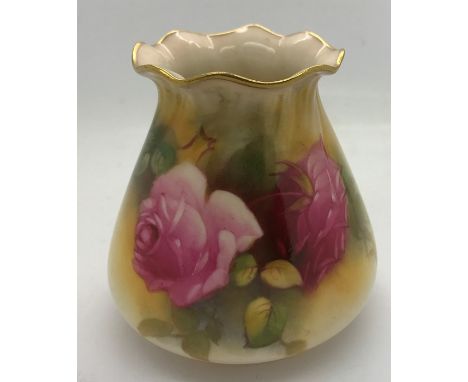 A Royal Worcester rose painted vase by Millie Hunt, 8.5cms h, shape No. G 957 signed. Good condition. 