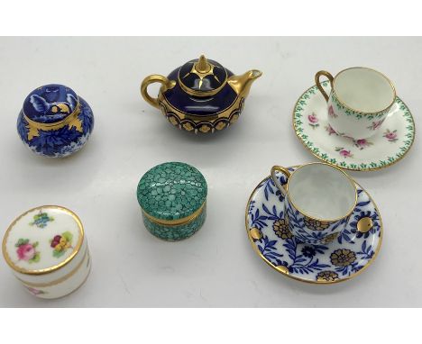 Six pieces miniature porcelain, all good condition to include a lidded Coalport jar, Coalport teapot, Mintons lidded jar, Roy