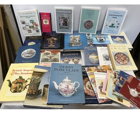 A large quantity of antique ceramics reference books to include Derby Porcelain by John Twitchett. Chamberlain Worcester porc