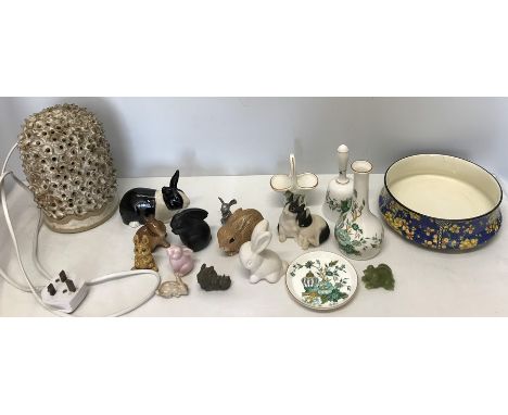 Ceramics including 10 rabbits, 1 a/f, Crown Staffordshire Kowloon pattern vases etc. Royal Doulton bowl, art pottery lamp. 