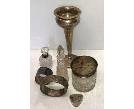 Silver vase (weighted base) bangle, napkin ring, pillbox marked 925, silver topped glass bottle &amp; jar and glass scent bot