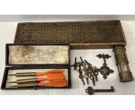 Miscellany including cribbage board, St Johns Ambulance medal, News of the World darts, miniature miners lamp and collection 