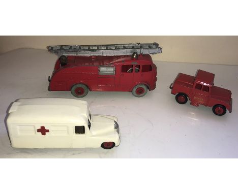 Three playworn Dinky toys to include Daimler Ambulance 253, Police 255 and Fire Engine 955.