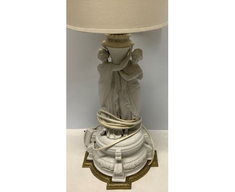 Unmarked continental Parian ware lamp with classical female figures on a brass base, lamp 34cms h. Condition ReportIn good co