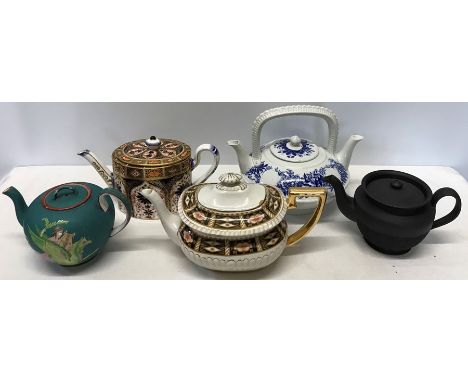 Five various teapots including Royal Crown Derby a/f, Royal Worcester double spouted, chip to spout, black basalt a/f to top,