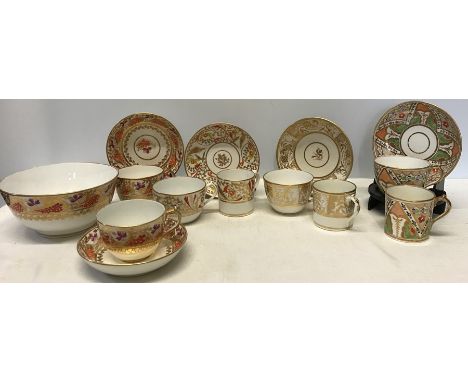 Cups, saucers and coffee cans to include Miles Mason with a bowl, 1 can, 1 cup, 1 saucer with hairlines, 1 can with nibble to