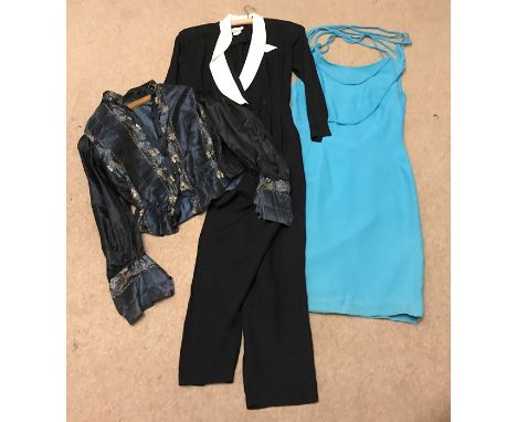 A 1960's turquoise sleeveless dress, high necked blue/gold blouse and a Stewart Alan petite black &amp; white jumpsuit.  