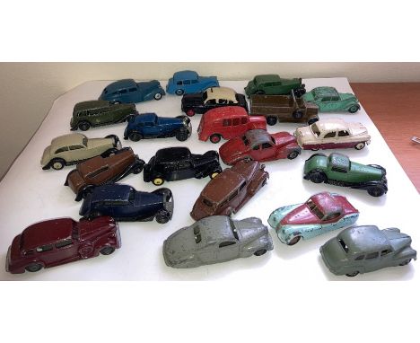 A large collection of Dinky playworn vehicles to include Austin Devon, Jaguar, Vauxhall Cresta 164, Riley 40A, Lincoln Zephyr