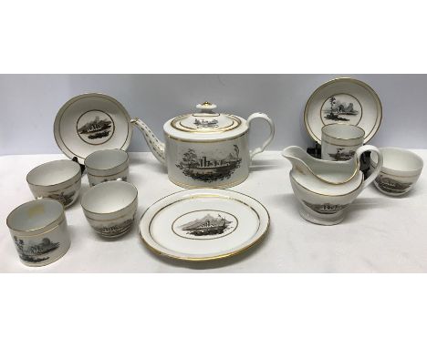 A 19thC bat printed part tea service, rubbing to gilt, 2 cups a/f.