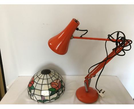 A vintage orange anglepoise lamp, hinged and rotating, 86cms Herbert Terry and Sons with modern Tiffany style shade. 
