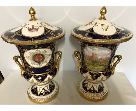 Pair of large Caverswall lidded urns, Elizabeth II silver Jubilee, One Windsor castle painted by D.Millar. 36/50 One Windsor 