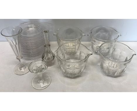 Nineteenth century glass to include 10 plates/saucers, 15cms d, four cut glass rinsers, a toddy lifter, a champagne flute and