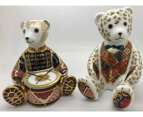 Two Royal Crown Derby Teddy paperweights, 1 gold stopper, 1 silver stopper both in good condition, drummer 10cms h. 