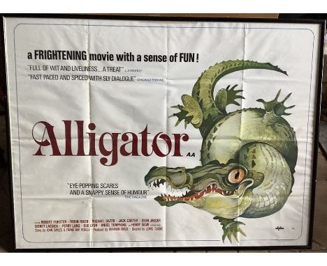 Framed film poster, ALLIGATOR, Robert Forster, Robin Riker. 75 h x 100cms w. Condition ReportSixteen square crease folds, lig
