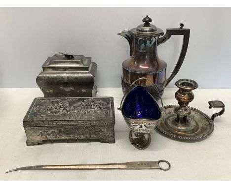 A miscellany of silver plated items to include Chinese box, hinge a/f, chamber stick, tea caddy etc. 