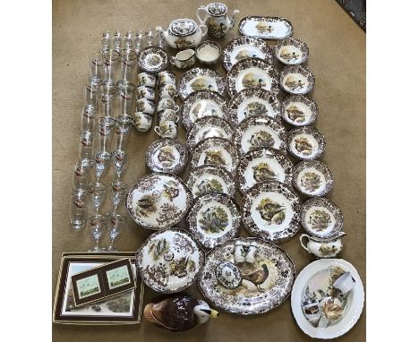 Royal Worcester Pallissy game series dinner and teaware, 49 pieces with pheasant printed drinking glassware, placemats etc. 