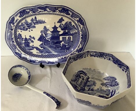 A 19thC Copeland and Garrett blue and white plate, 30 x 39cms together with modern Spode Italian bowl, 25cms d and ladle. All