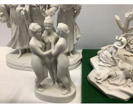 Ceramics to include The Three Graces, Mary and Child, lidded powder pot, garden scene.Condition ReportMary and Jesus a/f, cha