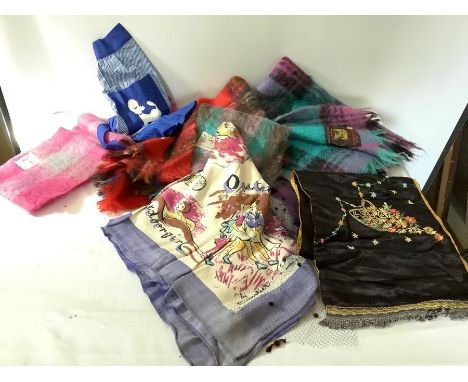 Four vintage mohair scarves/shawls all good condition, a 1950's pinafore with poodle, unworn, an outdoor girl scarf by Courti