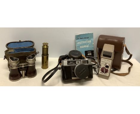 Cameras etc to include a vintage brass pocket telescope, cased binoculars, a Ricoh cased camera and a Bell and Howell cine ca