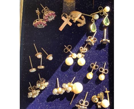 Nine pairs of earrings set with pearl, opal, pink and blue stones and with mainly 9ct gold backs and mounts plus odd earrings