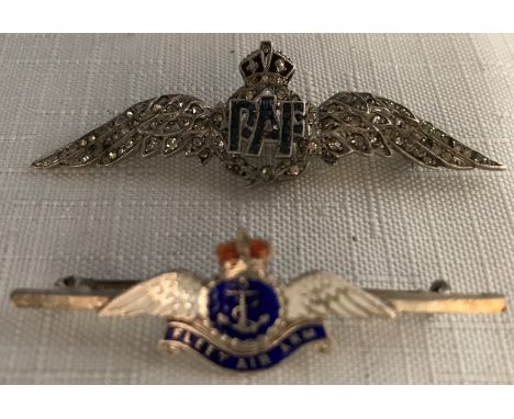 A clear, blue stone and enamel, white metal Royal Air Force sweetheart brooch, 6cms l unmarked with a Fleet Air Arm sweethear