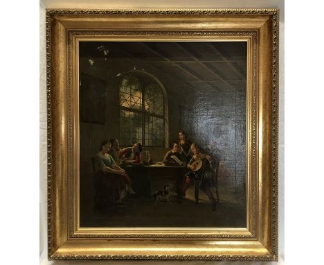 Oil painting on canvas J.W. 1869, interior pub scene with man playing a mandolin 54 h x 48cms w in modern gilt frame.Conditio