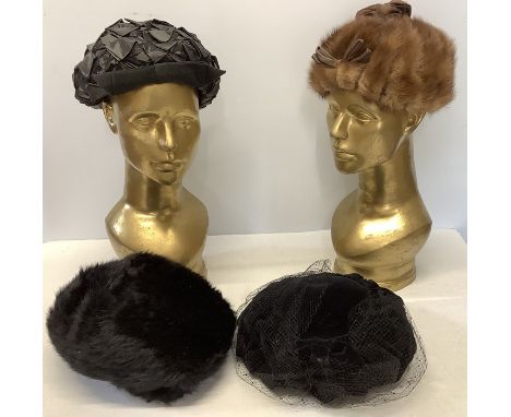 Four vintage ladies hats including mink a/f to top, faux fur, velvet and an RB hat. 