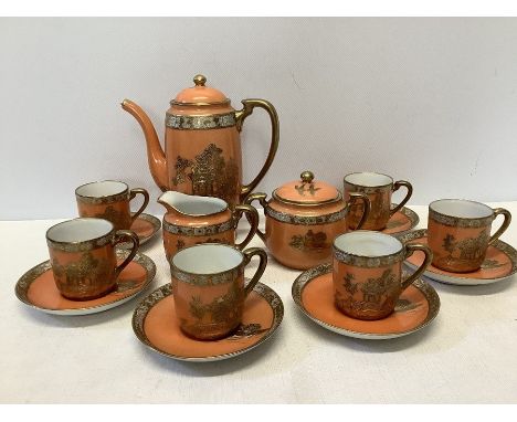 A Noritake coffee service, 6 cups, saucers, milk, sugar and coffee pot, a/f to spout. 