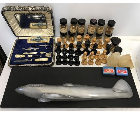 A miscellany including wooden chess pieces, 1 missing, boxed manicure set,  Smith's snuff bottles and contents, tortoiseshell