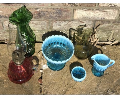Six pieces miscellaneous glass including cranberry oil lamp, turquoise pressed glass. 