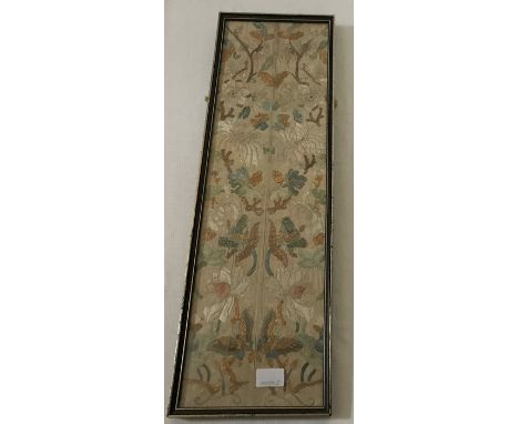 A framed silk and metal embroidery Chinese panel in good condition. 55 x 17cms.