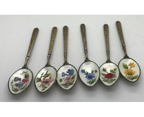 Six silver and floral enamel teaspoons, Birmingham 1966, good condition together with 6 silver coffee spoons, Birmingham 1947