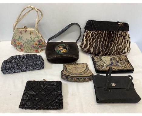 Eight vintage evening bags including Waldybag with enamel plaque to front, hand painted satin bag with attached purse, fur mu