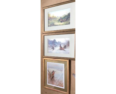 Three Archibald Thorburn prints, Watched from Afar, The First Touch of Winter and a signed print of a kingfisher. Pencil sign