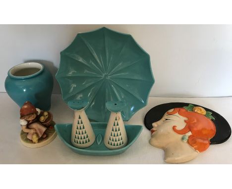 Ceramics to include Midwinter fashion shape plate, cruet on stand (chip to glaze on one), Hummel 'chick girl' wall mask (pain