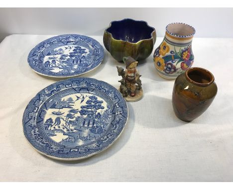 Selection of pottery, Goebel figure, Royal Doulton and Poole vase, 2 Willow pattern plates and a planter.