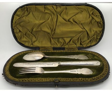 A cased silver knife, fork and spoon, 97.2gms  maker James Deakin and Sons, Sheffield 1897 together with a boxed spoon and fo